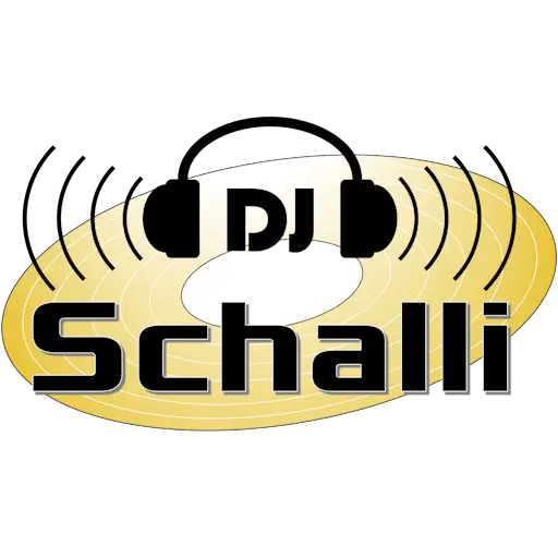 Logo von DJ Schalli, Ihrem Hochzeits DJ Saarland, dargestellt mit Kopfhörern und einer goldenen Schallplatte.